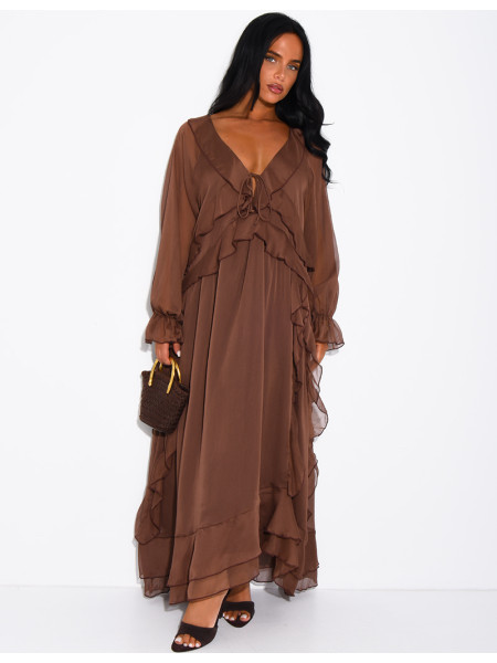 Long, lined voile dress with ruffles