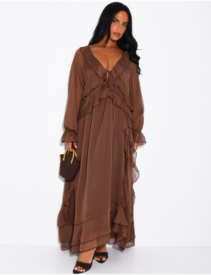 Long, lined voile dress with ruffles