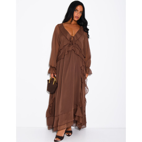 Long, lined voile dress with ruffles