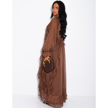 Long, lined voile dress with ruffles