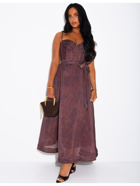 Long printed voile corset dress with belt