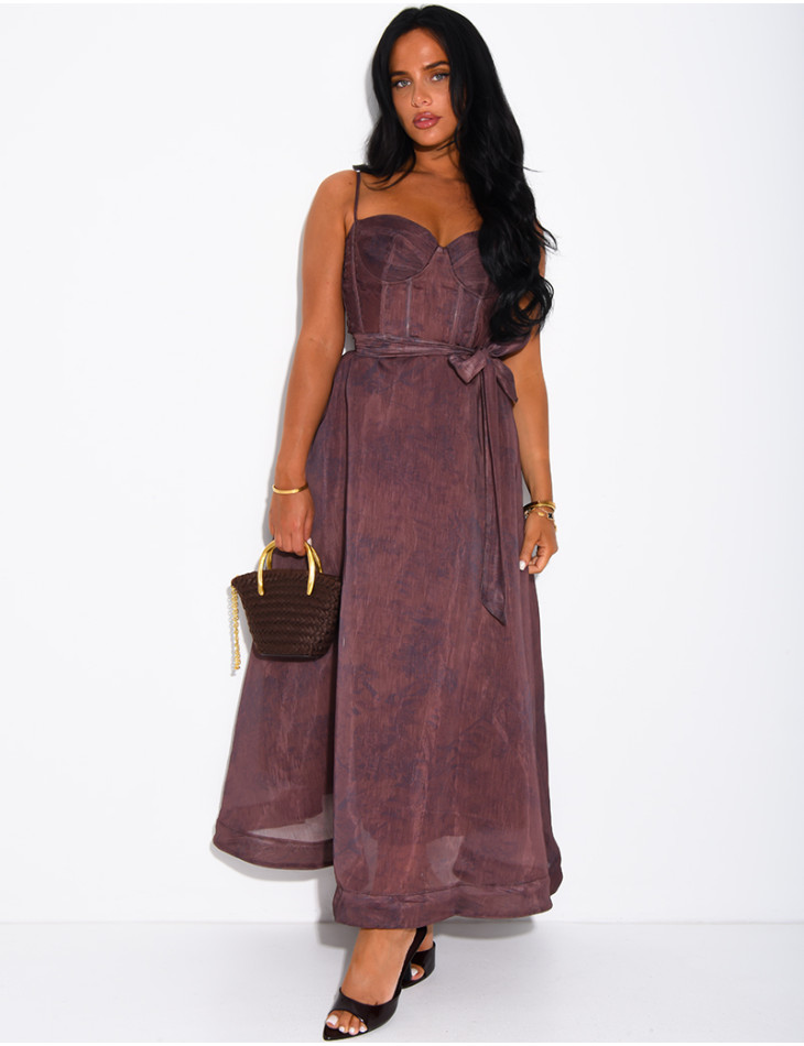 Long printed voile corset dress with belt