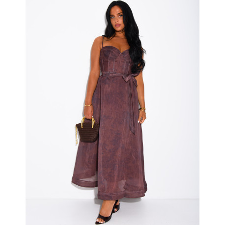 Long printed voile corset dress with belt
