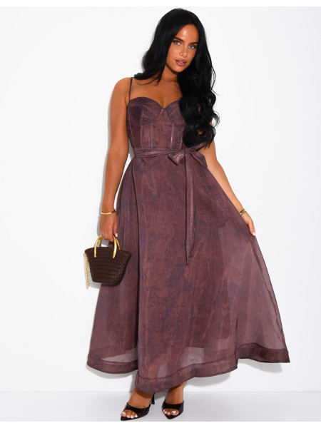 Long printed voile corset dress with belt