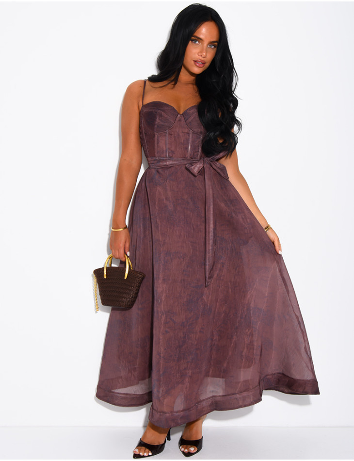 Long printed voile corset dress with belt
