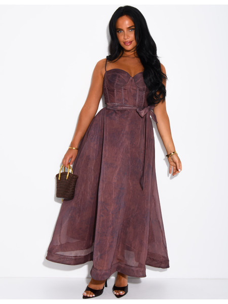Long printed voile corset dress with belt