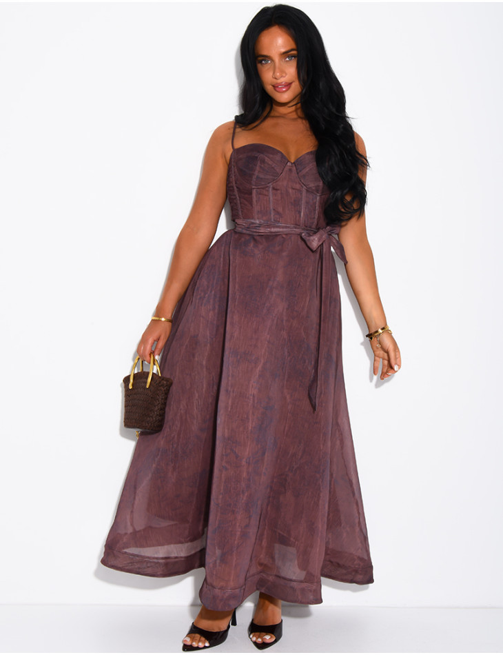 Long printed voile corset dress with belt