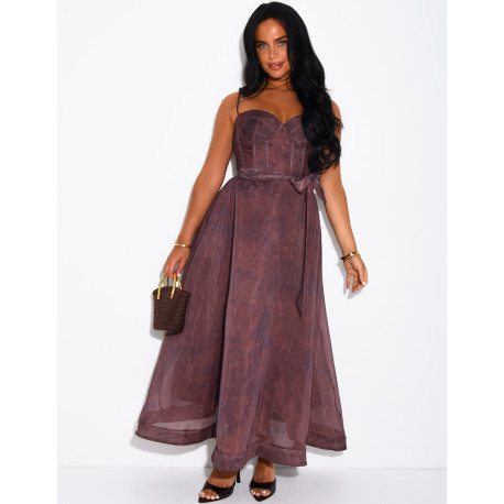 Long printed voile corset dress with belt