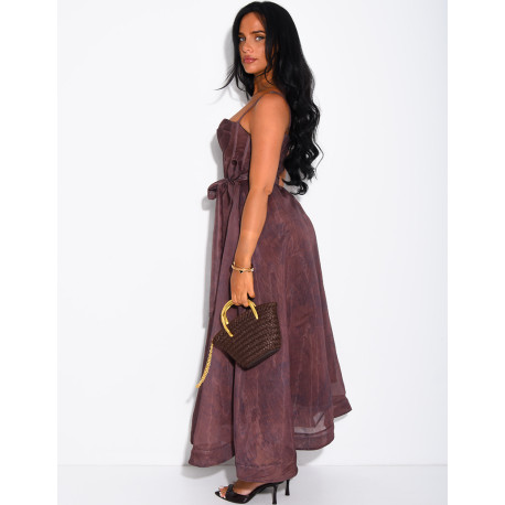 Long printed voile corset dress with belt