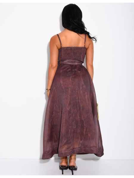 Long printed voile corset dress with belt