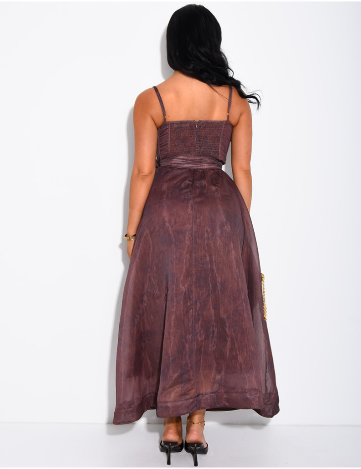 Long printed voile corset dress with belt