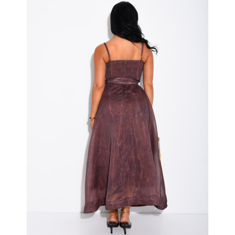 Long printed voile corset dress with belt