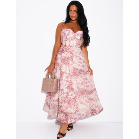 Long printed voile corset dress with belt