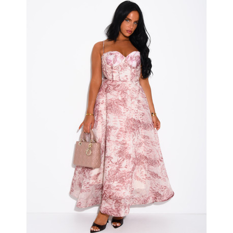 Long printed voile corset dress with belt