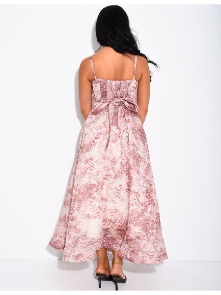 Long printed voile corset dress with belt