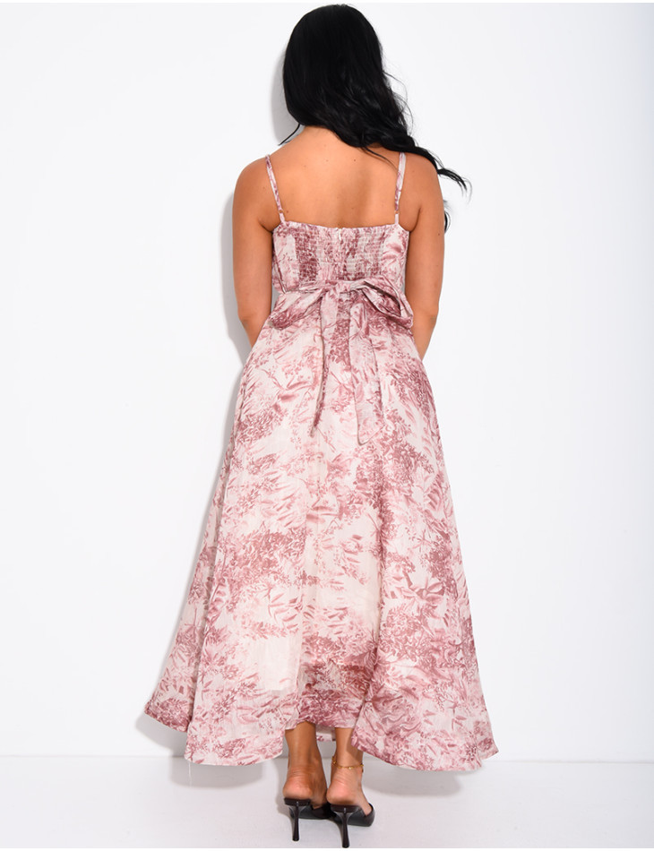 Long printed voile corset dress with belt