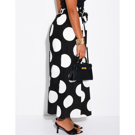 Jupe longue en popeline doublée à pois & ceinture
