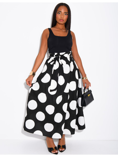 Jupe longue en popeline doublée à pois & ceinture