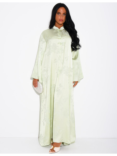 Satin abaya with embossed patterns and Asian-style buttons