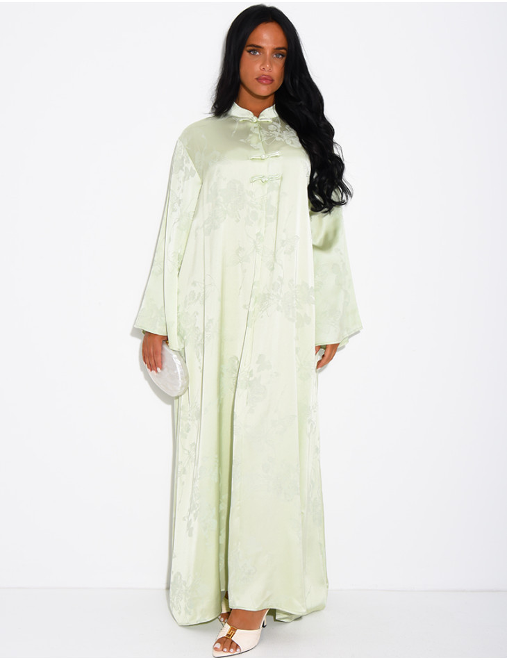 Satin abaya with embossed patterns and Asian-style buttons