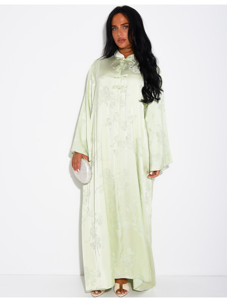 Satin abaya with embossed patterns and Asian-style buttons