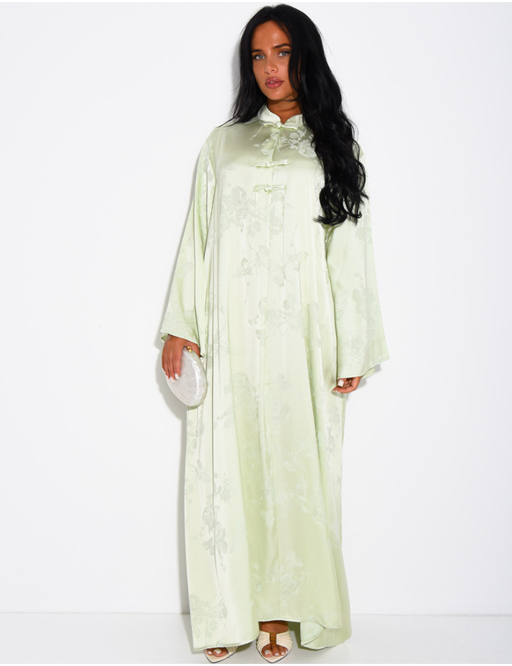 Satin abaya with embossed patterns and Asian-style buttons
