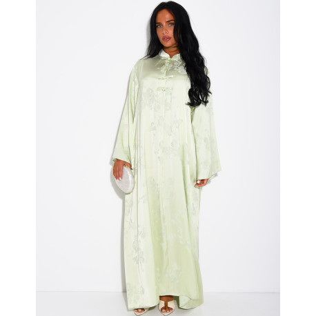 Satin abaya with embossed patterns and Asian-style buttons