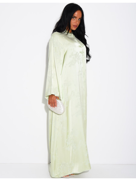 Satin abaya with embossed patterns and Asian-style buttons