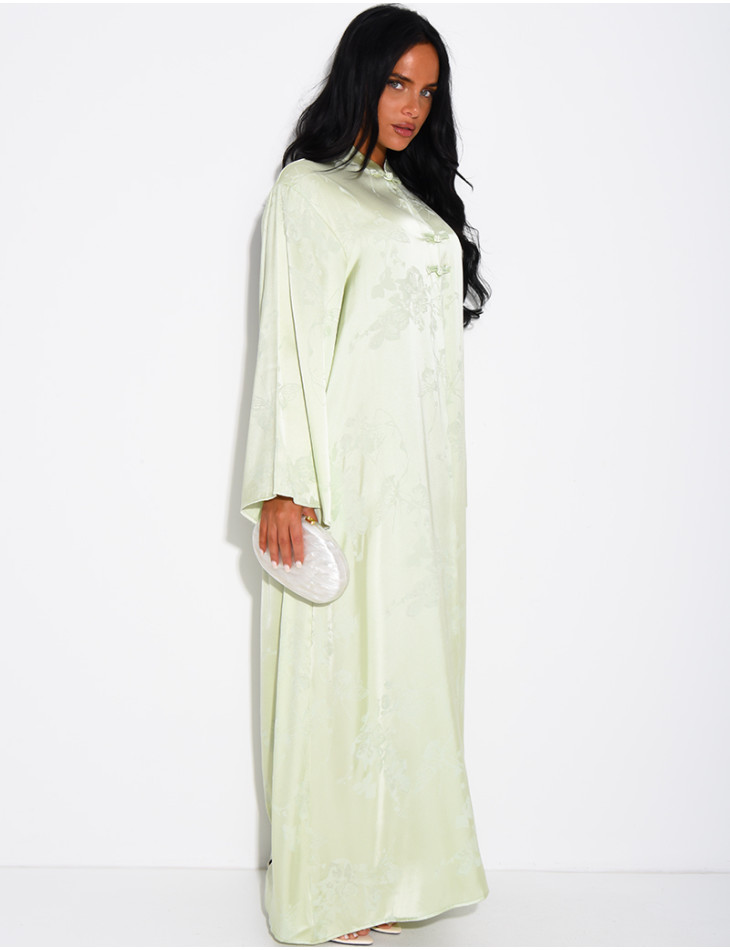 Satin abaya with embossed patterns and Asian-style buttons