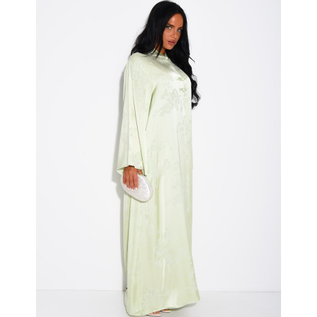 Satin abaya with embossed patterns and Asian-style buttons