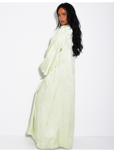 Satin abaya with embossed patterns and Asian-style buttons