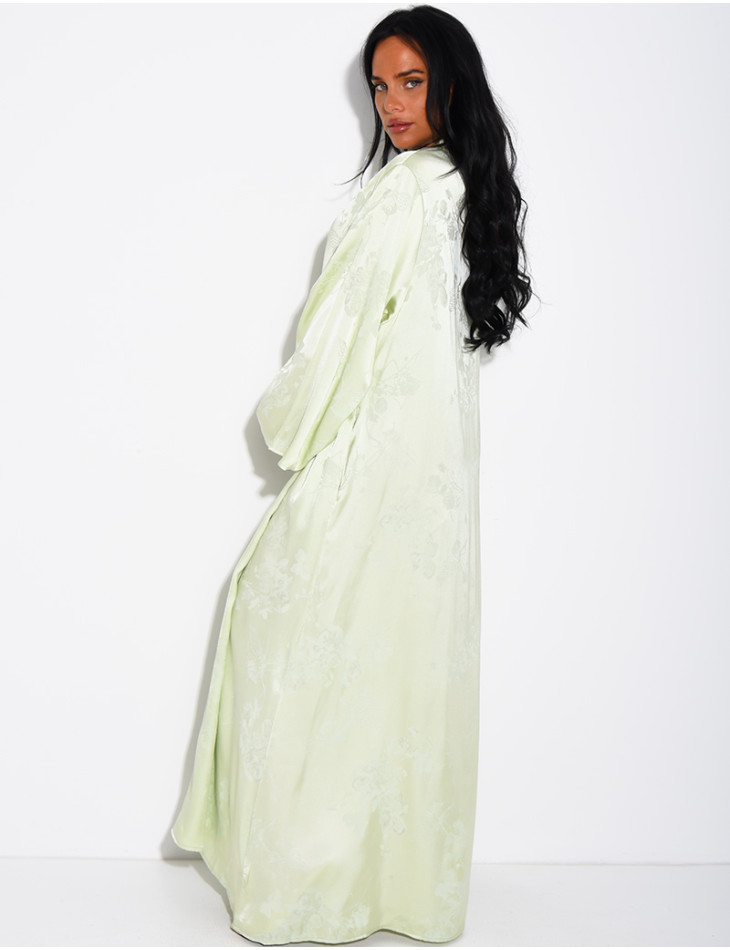 Satin abaya with embossed patterns and Asian-style buttons