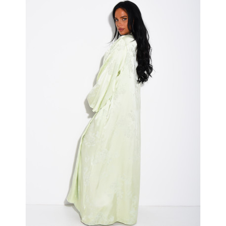 Satin abaya with embossed patterns and Asian-style buttons