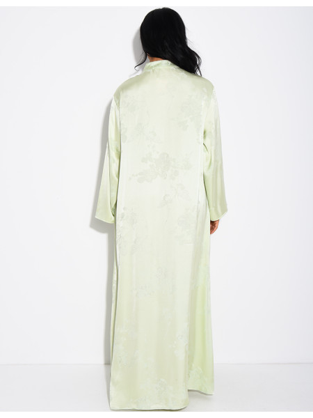 Satin abaya with embossed patterns and Asian-style buttons