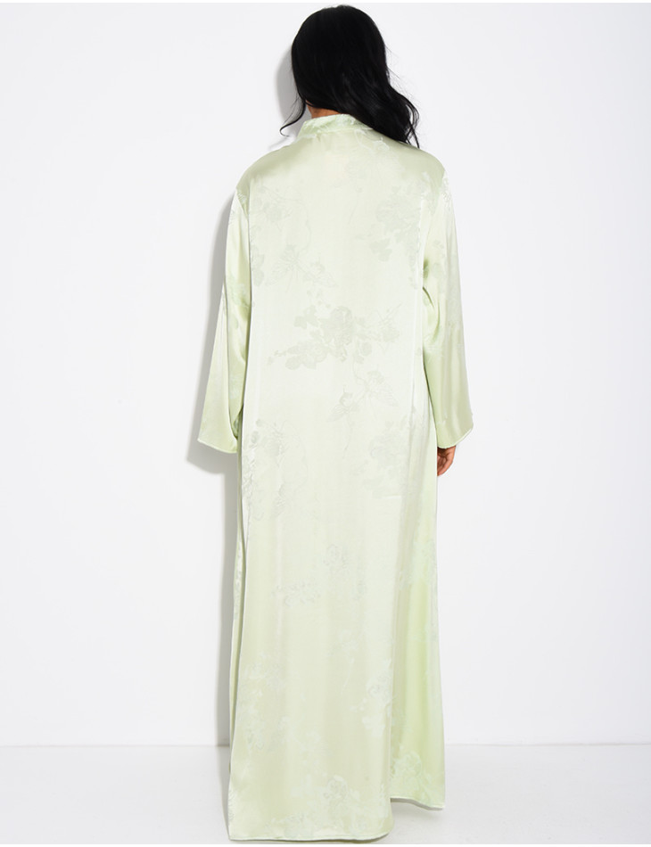 Satin abaya with embossed patterns and Asian-style buttons