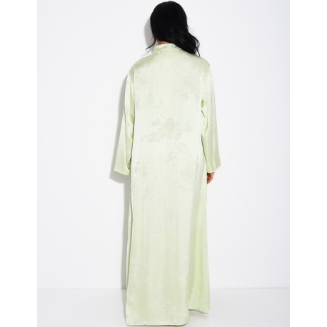 Satin abaya with embossed patterns and Asian-style buttons