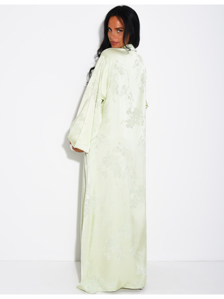 Satin abaya with embossed patterns and Asian-style buttons