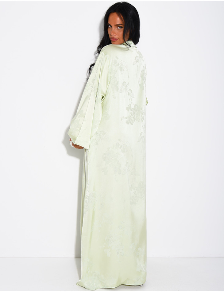 Satin abaya with embossed patterns and Asian-style buttons