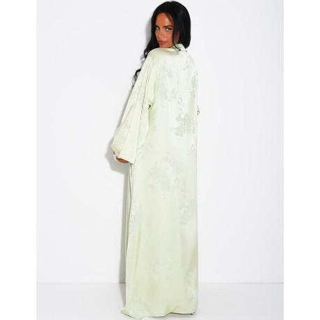Satin abaya with embossed patterns and Asian-style buttons
