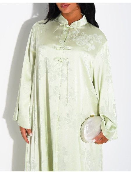 Satin abaya with embossed patterns and Asian-style buttons