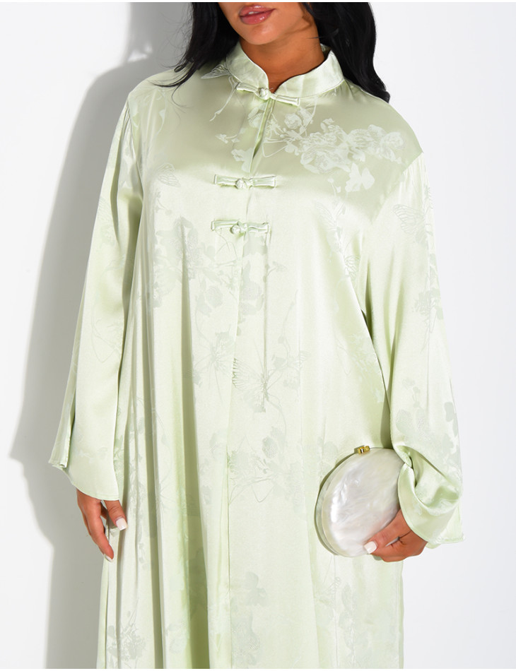 Satin abaya with embossed patterns and Asian-style buttons