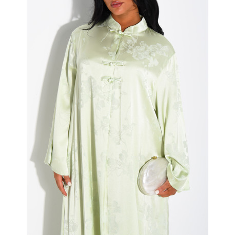 Satin abaya with embossed patterns and Asian-style buttons