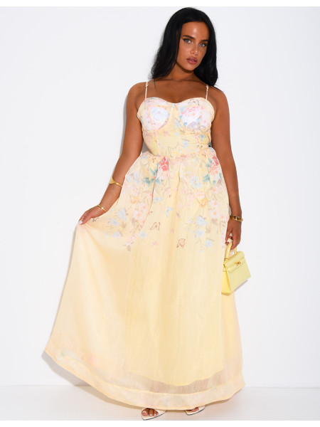 Langes Korsettkleid aus Voile mit Blumenmuster und passendem Gürtel