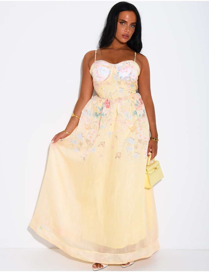 Langes Korsettkleid aus Voile mit Blumenmuster und passendem Gürtel