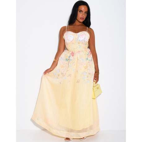 Langes Korsettkleid aus Voile mit Blumenmuster und passendem Gürtel