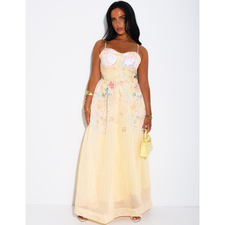 Langes Korsettkleid aus Voile mit Blumenmuster und passendem Gürtel