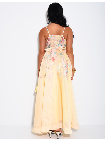 Langes Korsettkleid aus Voile mit Blumenmuster und passendem Gürtel