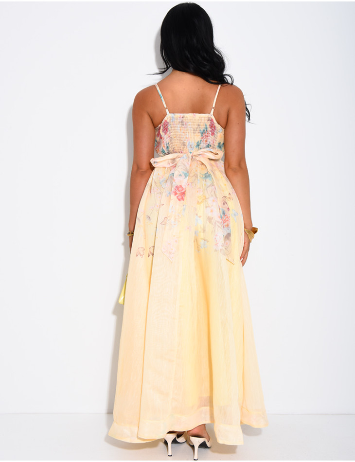 Langes Korsettkleid aus Voile mit Blumenmuster und passendem Gürtel