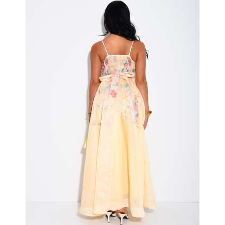 Langes Korsettkleid aus Voile mit Blumenmuster und passendem Gürtel