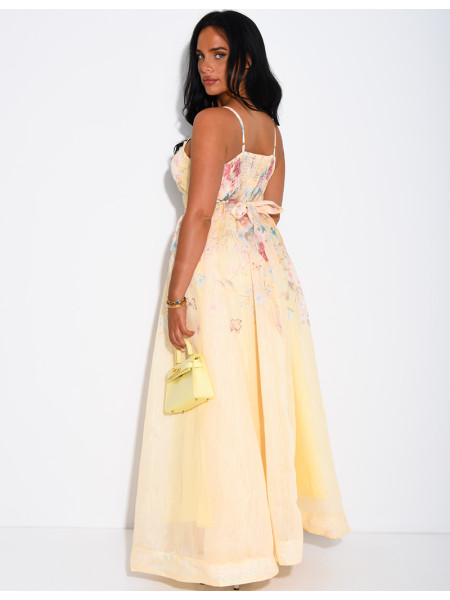 Langes Korsettkleid aus Voile mit Blumenmuster und passendem Gürtel